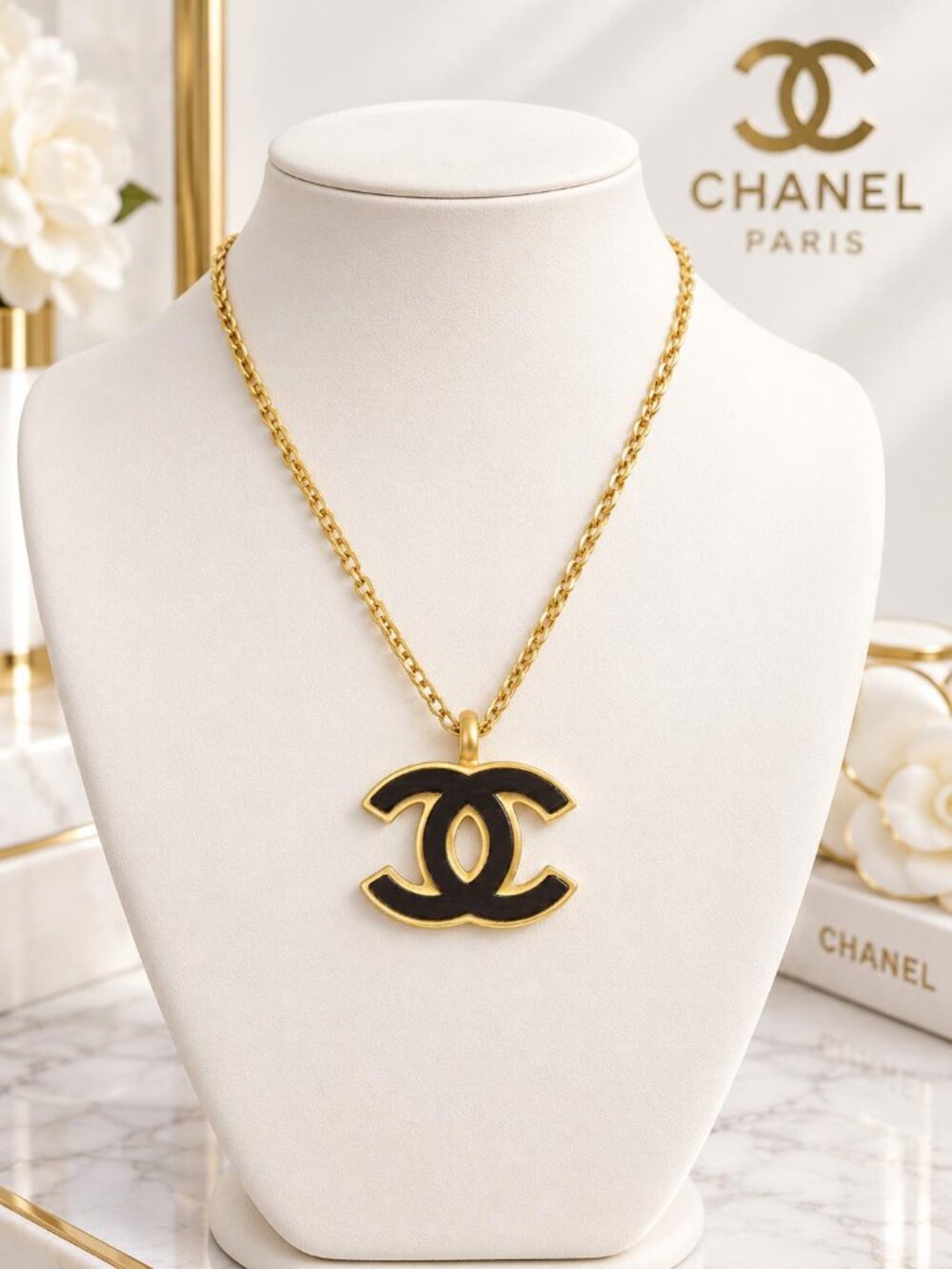 Authentic Chanel Black Enamel CC Logo Gold Tone Pendant Necklace